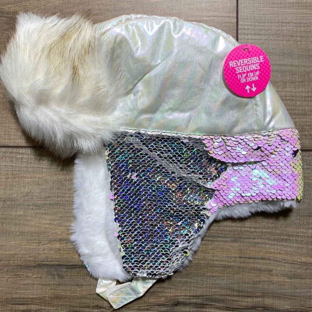 The Children's Place Girls' Holographic Faux Fur Sequin Hat Size 4-7 Years (S-M)